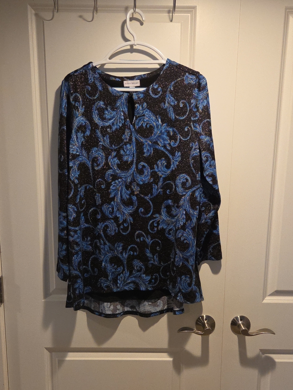 Susan Graver Black Top with Blue Scroll Print